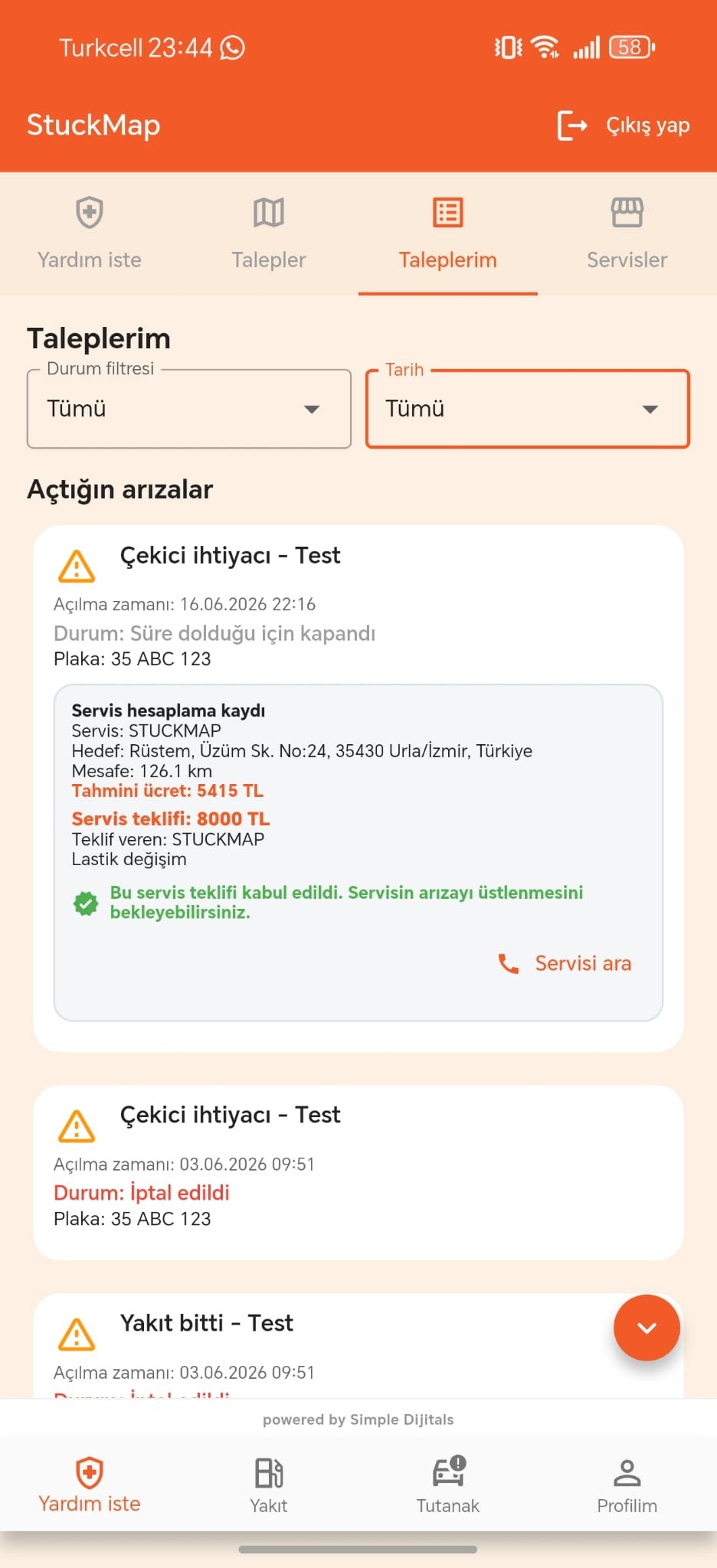 StuckMap taleplerim ekranı