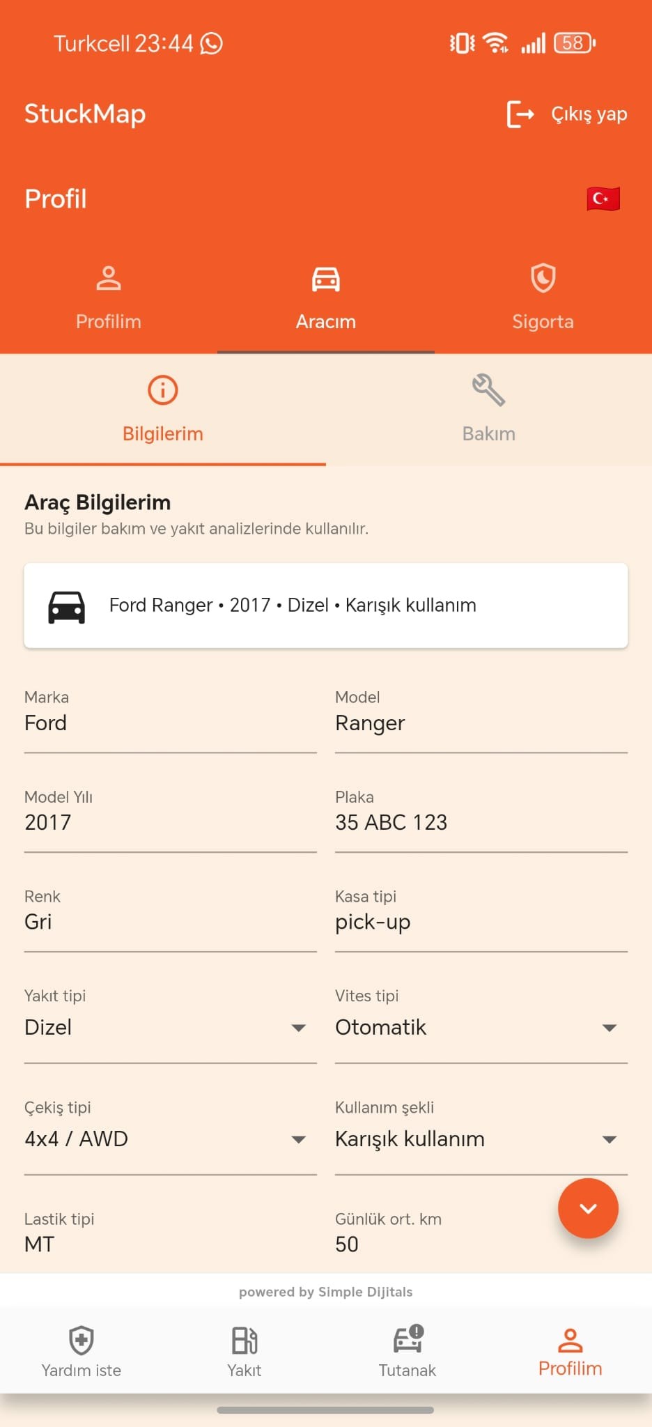 StuckMap araç profili ekranı